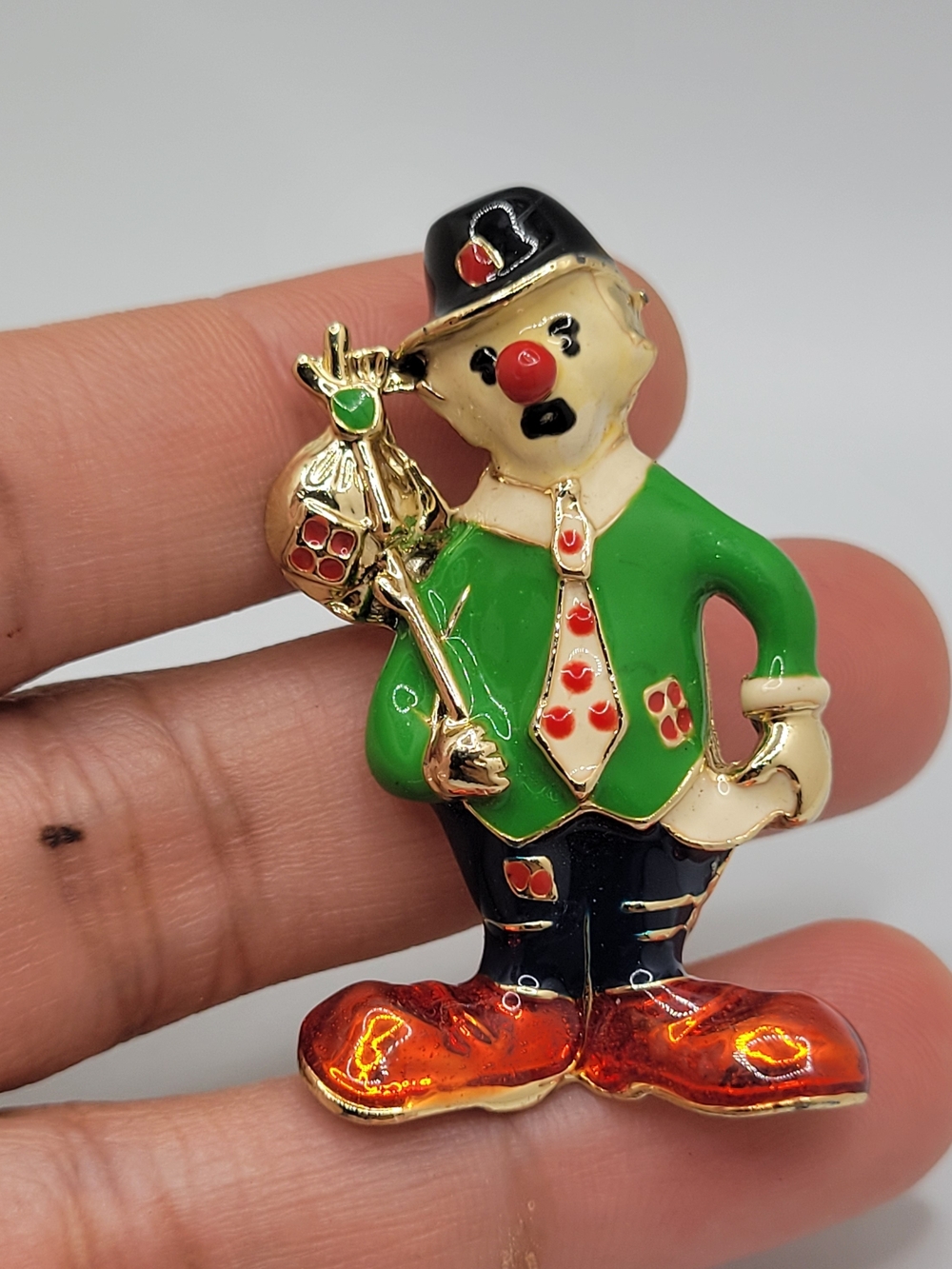 Green Enamel Clown Brooch